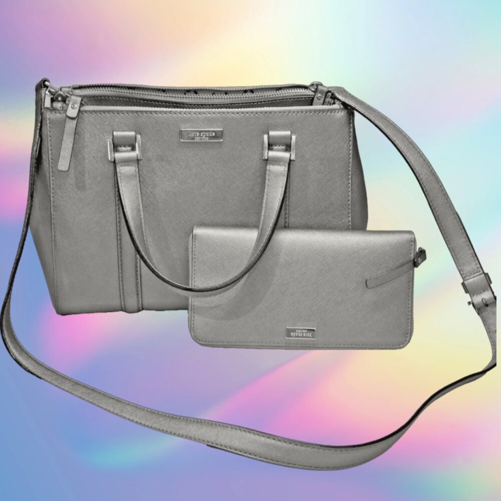 kate spade New York Newbury Lane Satchel Loden gray with matching wallet EUC